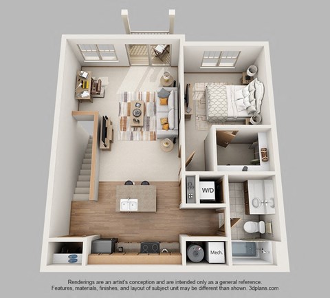 Floor plan for 1 bed, 1 bath, 742 sqft